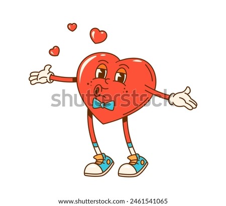 Retro groovy love heart character sending kisses, Valentines Day vector personage. Cute cartoon heart with vintage bow tie and and funny shoes blowing a kiss. Happy smiling emoticon of love and hugs