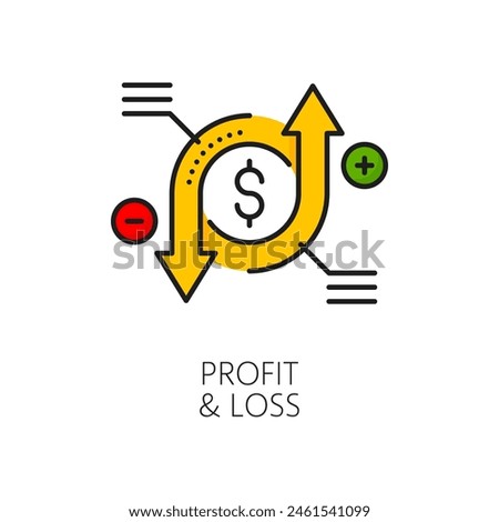Profit and loss color line icon features rotating circular arrows symbolizing financial growth or decline, dollar sign, plus and minus balance, represent financial outcomes and performance analysis