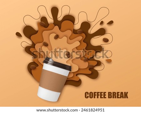Coffee paper cut banner with drink splash and coffee beans. Realistic 3d vector disposable papercut mug with a dynamic liquid beige and brown splatters, energetic refreshing hot drink spill, explosion