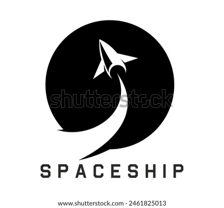 Spaceship icon of space ship, rocket and shuttle vector silhouette. Rocket startup or spaceship launch with takeoff smoke trace. Isolated round symbol of retro spacecraft, space travel and astronomy