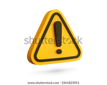 3d alert sign, caution icon, attention mark. Isolated vector yellow triangle with exclamation mark. Danger warning, reminder, emergency hazard notification symbol. 3d alert notice, warning message