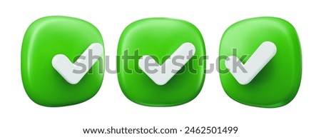 3d check icon, done mark, checklist ticks. Vector realistic plastic style checkmark symbols front and angle view. Sign of selection, confirmation or approval. Green Yes buttons for web design or app