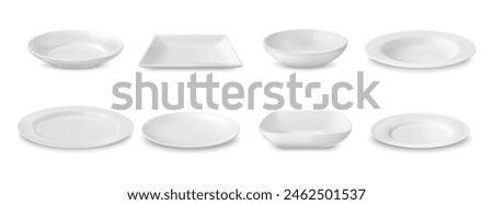 Realistic dish plates. 3d vector white dishware with round and square shapes. Mockups of deep and shallow bowls for dining setting. Ceramic tableware, crockery, porcelain dinnerware isolated set