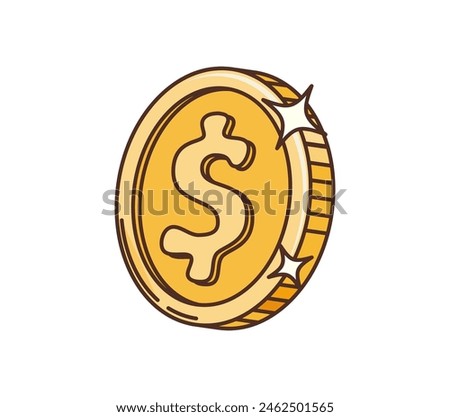 Retro groovy golden coin, hippie cartoon symbol and 70s art vector element. Groovy dollar cent coin with shiny golden sparkles, hippie or hipster style art element for t-shirt print or sticker design