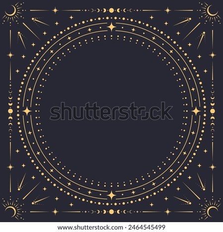 Square celestial frame. Vector ornate background with concentric golden circle border adorned with stars, moons, suns and dotted boho patterns. Ethereal, cosmic, astrology and esoteric space frame