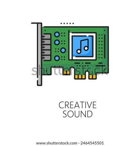 Computer sound software, PCI card color outline icon. Computer system software, user technical support or PS hardware driver testing linear vector icon or symbol with PC sound equipment or card