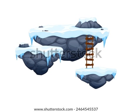 Arcade game platforms with ice and snow, winter level game asset, vector UI. Cartoon snowy rock platforms or stone floating islands with wood ladder and icicles, 2d arcade videogame winter map element