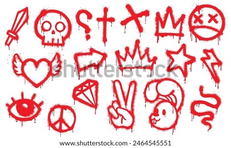 Graffiti red spray paint, grunge element. Vector set of street art style icons and rebellious symbols. Skull, cross, crown, peace sign, and heart with wings, sword, star, rabbit or diamond, eye, flash