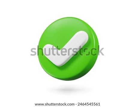 3d check icon, checklist tick, done mark. Vector realistic plastic style checkmark, symbol of selection, confirmation or approval. Green circle with a white tick. Yes button for web design or app