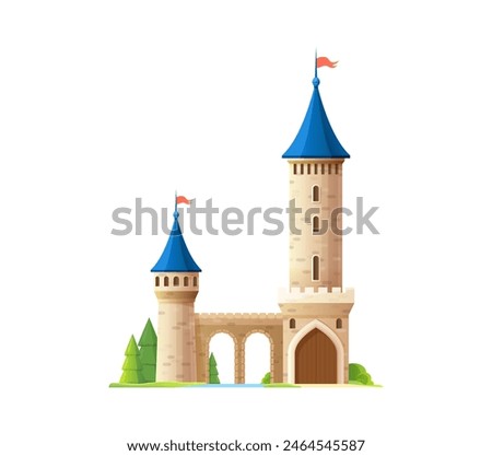 Cartoon castle, kingdom palace. Isolated vector medieval building. Magic princess castle with towering turrets and flags, crenellated walls, arches, bridge and drawbridge gate and greenery around