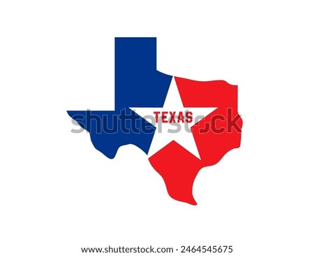 Texas state symbol, map icon with vector silhouette of Texas, red blue and white flag with star. USA country the lone state isolated badge for t-shirt print. Texas map badge in national flag colors