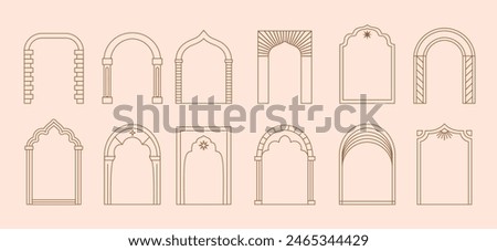 Boho arch door frames vector set. Ornate archways and doorways inspired by islamic architectural styles, arched entrances with columns, decorative brickwork patterns, arab mosques traditional motifs