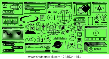 Rave y2k computer window page. Vector pc desktop with interface folders, loading bar. Program error, e-mail, browser and menu icons. Acid toxic green screen background in old 2000s aesthetic style