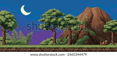 8 bit pixel night tropical forest landscape with mountain. 8-Vector pixelated nighttime scene featuring lush tropic wood with vibrant greenery, a towering brown rock, and a serene crescent moon in sky