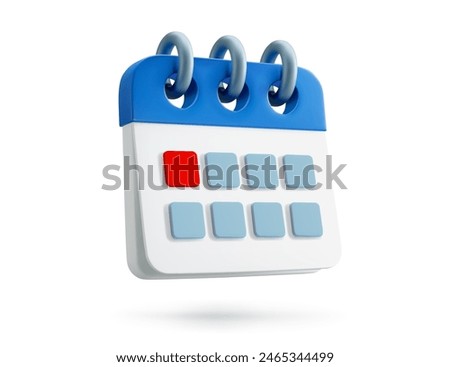 3D calendar icon, schedule plan or planner organizer for app or application, isolated vector. Calendar in 3D with month or week page on binder rings with event date notification for schedule agenda