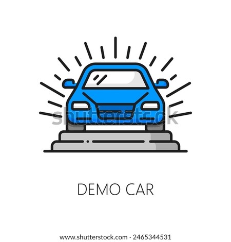 Demo car line icon for dealership, auto dealer showroom or test drive, outline vector. Car demonstration showroom of premium auto salon, color line pictogram for automotive trade center and car sales