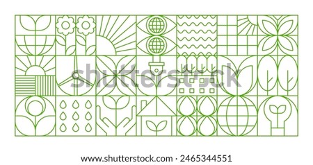 Environment modern geometric pattern. Vector linear grid background with environmental and nature-inspired symbols. Flowers, globe, solar energy and leaves in a vibrant green outline on white backdrop