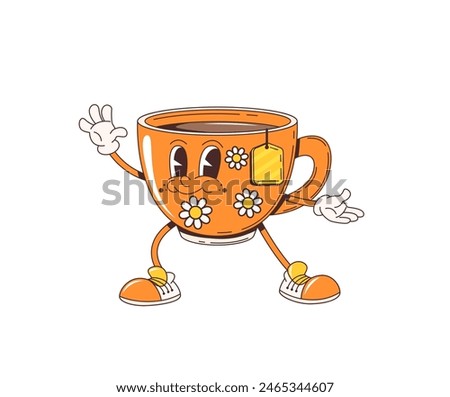 Cartoon retro groovy herbal tea cup character with funky face, vector 70s hippie or comic art. Groovy cartoon funny tea cup or mug with teabag and daisy flowers ornament with happy emotion smile