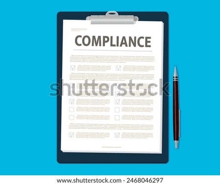 Compliance policy. Vector clipboard with paper document and pen. Checklist includes multiple checkboxes, suggesting a thorough review or audit process used in business, legal or regulatory contexts