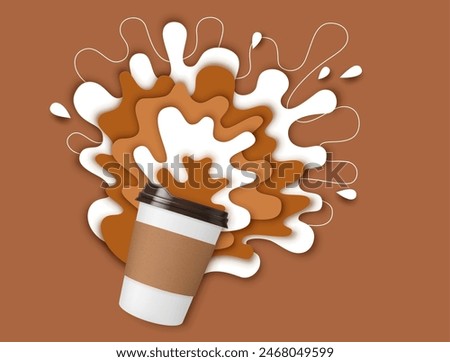 Paper cut coffee with milk cream and drink splash. Realistic 3d vector disposable papercut mug with a dynamic liquid white and brown splatters, expressing energetic beginning of day or love for coffee