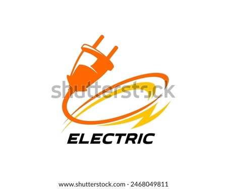 Electric energy icon of power industry. Vector lightning bolt with electric plug and cable swirl isolated symbol of electricity technology. Orange electrical supplies and thunderbolt, power energy