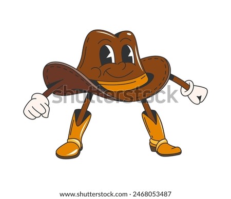 Cartoon retro groovy wild west cowboy hat character. Isolated vector whimsical, wild west brown cowpuncher cap personage with a friendly face, white gloves and western boots standing in a dynamic pose