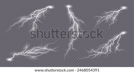 Flash strike lightning effect, thunderstorm electric spark of thunder bolt, realistic vector. Lightning electric charge of thunder light energy or thunderbolt flash sparks on transparent background