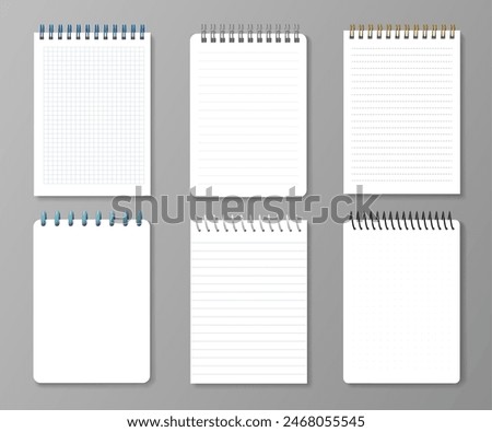 Realistic diary notebooks. Vector set of blank 3d paper notepads with varying page layouts, including grid, lined, and blank pages with wire binding, Office writing stationery templates for notetaking