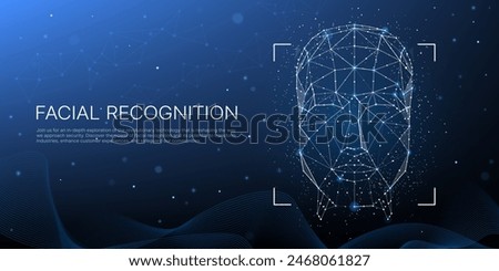 Face recognition technology. Vector 3d geometric wireframe of human head on dark blue background with network of connecting dots and lines, symbolizing face scan, digital connections and security