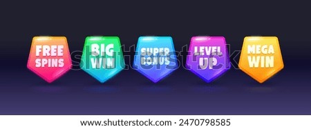 Casino game asset. Vector set of vibrant, glowing pop up reward icons or buttons, free spins, big win, super bonus, level up and mega win. Winner prizes in red, green, blue, yellow and purple colors