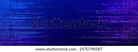 Game glitch background, vector pattern with blue and purple disrupted horizontal lines, dots and digital pixelated noise that emulate visual disruption or glitch effect in video games or digital media