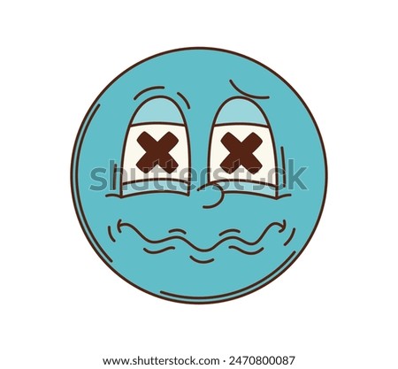 Cartoon retro hippie groovy unhappy face emoji. Isolated vector blue sad smile face with Xs for eyes and trembling mouth, used to convey extreme exhaustion, boredom, or a lack of interest in situation