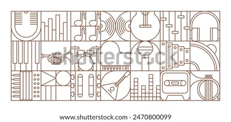 Music modern geometric pattern of musical instruments in line tiles, vector background. Music geometric mosaic pattern of guitar and piano, jazz trumpet and tape cassette, vinyl disc and microphone