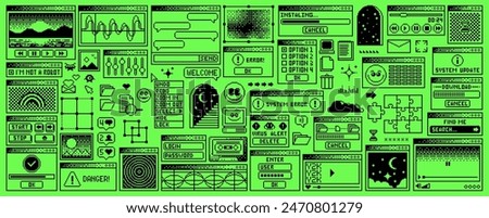 Rave y2k window page, computer interface menu. Vector pc desktop with folders, loading bar. Program error, e-mail, browser and icons. Acid toxic green screen background in old 2000s aesthetic style