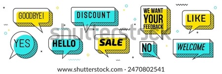 Memphis speech bubbles, funky comic talk cloud. Chat message graphic symbol, talk dialog comic Memphis bubbles or text vector banners. Speak cloud with goodbye, hello, sale and discount, no words