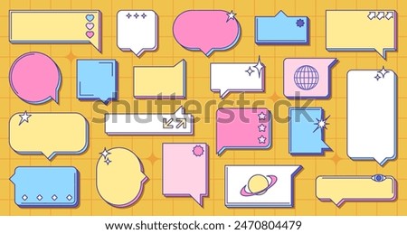 Retro Memphis speech bubbles in 80s style. Vector set of dialogue balloons in array of shapes and sizes, with playful symbols like hearts, stars and planets. Pink, blue, yellow text boxes on grid page