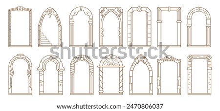 Art deco arch frames, arcs, doors or borders vector set. Ornate archways and doorways in Boho style. Architectural, arched entrances with decorative columns and patterns in a clean line art style