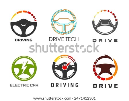 Drive icons of steering wheel for tech and safe drive or driving school, electric car vector symbols. Drivers school or auto control AI technology for safe driving, steering wheel and speedometer sign