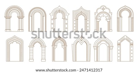 Arch door frames and entrance doorways or gateway in architectural drawing, vector icons. Cartoon, ancient classic or modern architecture arch doors with arcs of temple, palace or mosque doorways