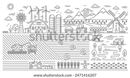 Eco village, line agriculture farm landscape. Vector linear monochrome fields, windmills, animals, gardens, hangars, buildings, barns, agricultural machinery. Farming scene with meadows and pasturage