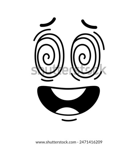 Groovie emoji face, shocked smile or retro cartoon character, vector comic emoticon. Groovy face with spiral eyes of surprised or astonished shock emoticon face and scared mouth in retro doodle line