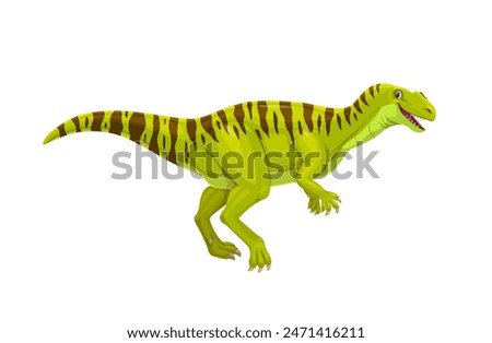 Neovenator prehistoric dinosaur. Isolated cartoon vector ancient reptile animal with green skin, dark stripes, streamlined body, sharp claws and friendly facial expression. Predatory jurassic creature