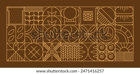 Bread and bakery modern geometric pattern. Abstract vector brown background with outline toast, bun, pretzel and loaf, cereal or wheat ears, sun, windmill and chef toque inside of square mosaic blocks