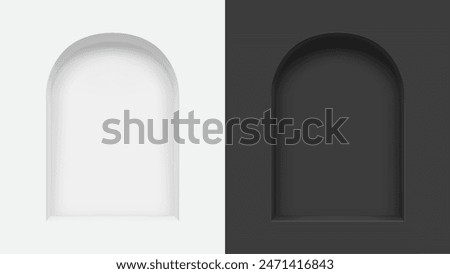 3d wall niches, arch shaped empty shelves on white and black background. Realistic vector two shop, gallery arc mockups for product presentation. Retail storage, exhibit space, interior bookshelf