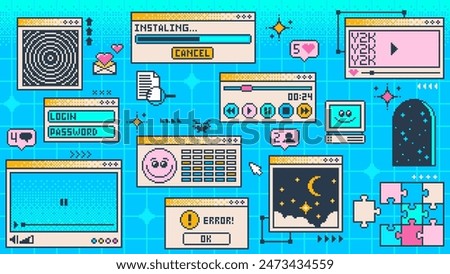 Retro y2k page, computer window interface. Vector pc desktop. Blue, rave screen background in old 2000s aesthetic style with loading bar, program error, e-mail, puzzle game, player, login and password