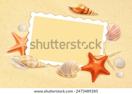 Photo frame on beach sand. Seaside top view with seashells and starfish. Vector photoframe with realistic shells and yellow grainy sandy background. Empty rectangular border template for summer memory