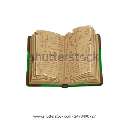Game book, isolated cartoon vector ancient, magical book open to reveal pages filled with mysterious symbols and runes. Grimoire with worn, tattered sheets contain wiz arcane knowledge and enchantment