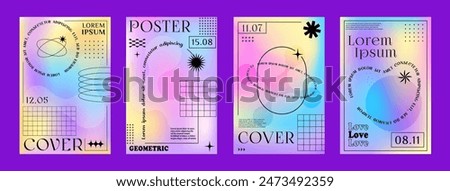 Rainbow hologram y2k gradient brutal posters. Vector line abstract geometric shapes and aesthetic graphic frames with stars, circles, dots and sparks, hearts and arches on pastel gradient background