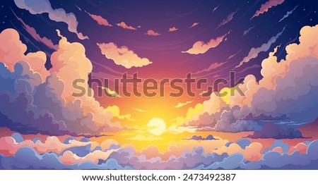 Sky anime sunset background with cartoon clouds and setting sun vector landscape. Summer evening cloudy sky dramatic scene with orange sunlight, stars, white clouds. Anime sunset or twilight panorama