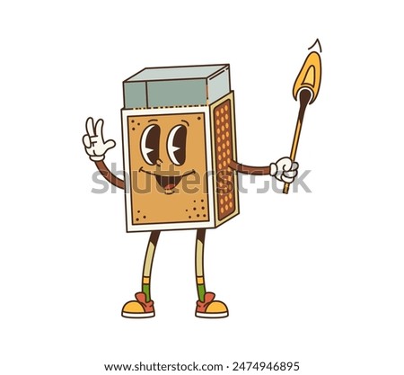 Cartoon matchbox retro groovy travel camp and tourism character. Isolated vector box personage with friendly face expression, holding a matchstick and flashing a peace sign, evoking a playful vibe